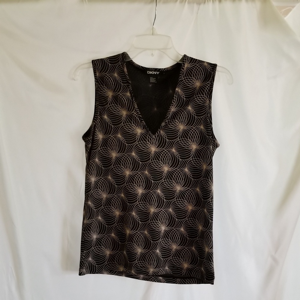 DKNY Black and Tan Geometric Sleeveless V-Neck